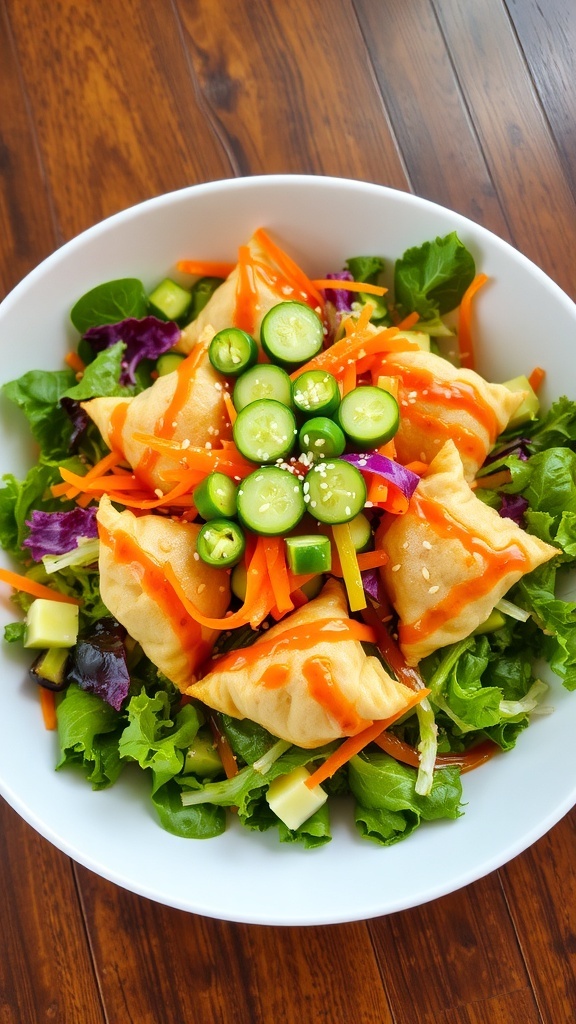 Crispy dumpling salad with mixed greens, carrots, bell peppers, and sesame dressing in a white bowl.